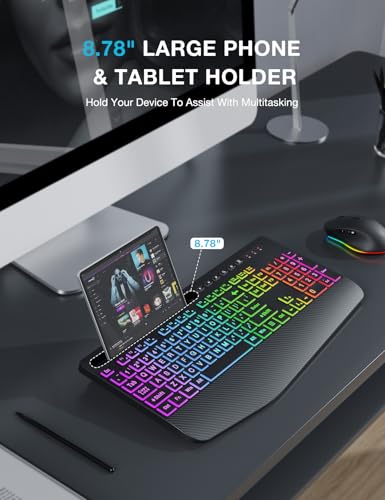 Wireless Keyboard and Mouse Combo, 9 Backlit Effects, Large Print | Phone Holder, 2.4G Lag-Free Ergonomic Keyboards, KM22 MAX Rechargeable Easy to See Set for Computer, Laptop, PC - color: Textured Black