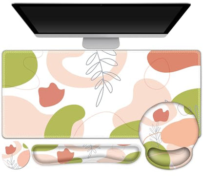Gaming Mouse Pad, Large Desk Mat, Cute Desk Pad Protector, 4 in1 XXL Mousepad + Keyboard Wrist Rest+Mouse Wrist Rest+Coaster Set with Ergonomic Desk Pad for Home Office Table Computer Pink Rose - color: Pink Rose