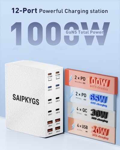 USB Charging Station (1000W),12-Port USB C Charger Block with Dual 100W PD USB-C Fast Charging Station Hub for MacBook Pro/Air/All iPad Phone 17/16 15/14/13/Pro Max/Samsung Galaxy Note(White) - color: White
