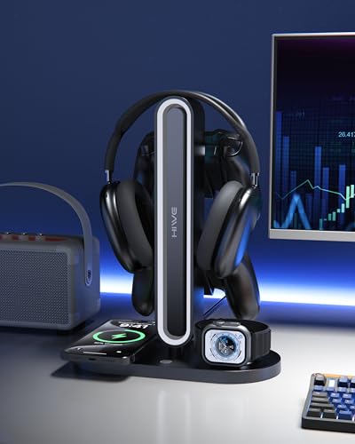 Headphone Stand, Dual Controller Holder, MagSafe Charger for iPhone/iWatch | RGB Gaming Headset Stand for All Headphones, Dual Outputs, ABS Solid Base, Adapter Included, Table Desk Organizer - color: Black with RGB