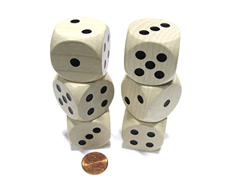 Set of 6 D6 Large Jumbo 30mm Rounded Wood Dice - Wooden with Black Pips