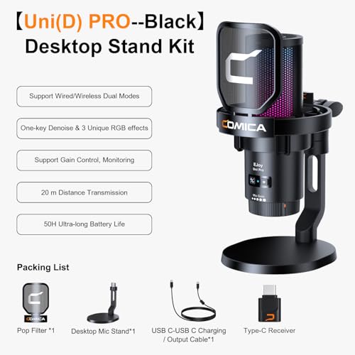 COMICA Ejoy Uni PRO(D) USB Wireless Microphone for PC, Gaming Streaming Mic with One-Click Noise Reduction, RGB Lights, Monitoring, Muting, Desktop Podcasting Mic for Computer Phone, PS5, PS4(Black) - color: Black
