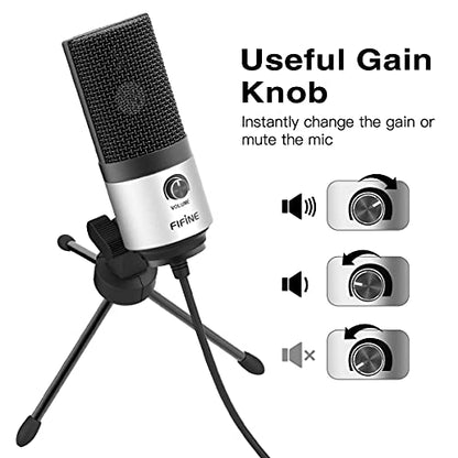 FIFINE K669 Silver USB Microphone for Zoom Video Meeting Online Class | Metal Condenser Mic, Gain Knob Control, USB Plug and Play, Work with Desktop/PC - color: Silver