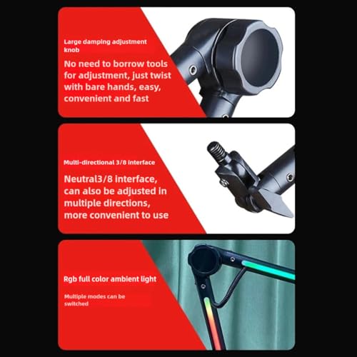 RGB Microphone Arm Stand, Metal Adjustable Desktop with 22 Color Modes and Large Damping Knob, for Gaming Streaming Podcasting