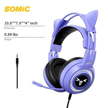 SOMIC G951S Purple Stereo Gaming Headset with Mic for PS4, PS5, Xbox One, PC, Phone, Detachable Cat Ear 3.5MM Noise Reduction Headphones Computer Gaming Headphone Self-Adjusting Gamer Headsets - color: Purple
