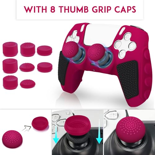 SIKEMAY Anti-Slip PS5 Controller Skin, Soft Thicken Non-Slip Studded Silicone Gel Grip Protective Cover Case for PlayStation 5 Controller Grip, 2 Pack with 8 x Thumb Grip Caps - color: Cosmic Red-Black