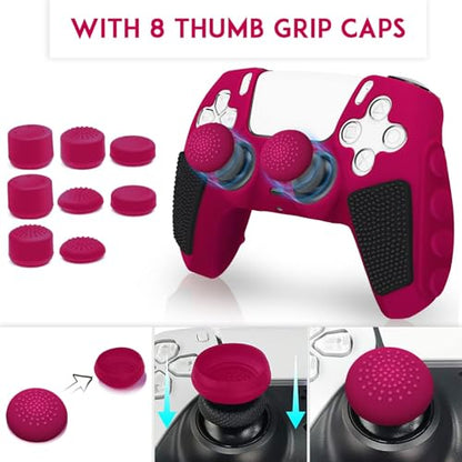 SIKEMAY Anti-Slip PS5 Controller Skin, Soft Thicken Non-Slip Studded Silicone Gel Grip Protective Cover Case for PlayStation 5 Controller Grip, 2 Pack with 8 x Thumb Grip Caps - color: Cosmic Red-Black