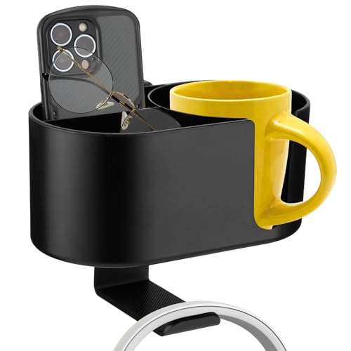 2-in-1 Desk Cup Holder Clamp with Headphone Hanger, Clip On Desk Organizer for Drinks and Headsets, No Drill Install ABS Caddy, Fits Cups Under 3.54 in for Gaming or Office Desks