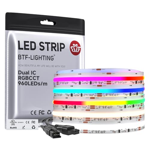 BTF-LIGHTING WS2811 Dual IC RGBCCT FCOB COB LED Strip,UL Listed High Density Chasing IC RGB Light+Tunable White 3000K-6000K,16.4FT 960LEDs/m,12mm Width IP30 DC24V 3M Tape(No Adapter or Controller) - size: 16.4FT IP30