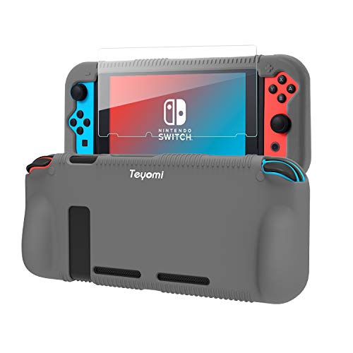 Teyomi Protective Silicone Case for Nintendo Switch, Grip Cover with Tempered Glass Screen Protector, 2 Storage Slots for Game Cards, Shock-Absorption & Anti-Scratch (Gray) - color: Gray