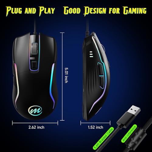 memzuoix Wired Gaming Mouse with RGB - 6 Adjustable DPI up to 12800, 6 Buttons, 12 Lighting Modes, Ergonomic Design with Anti-Slip Rubber Wheel, 5.6ft Braided Cable for PC/Mac/Windows - Black - color: Black