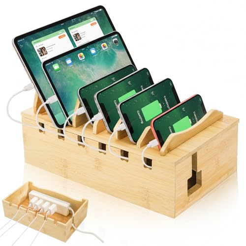 WRINGKIT Bamboo Charging Station for Multiple Devices, Hold 6 Devices | Desktop Charging Docking Stations Organizer with Removable Divider Slots, Compatible with Tablets, iPads, Cell Phone, Laptop
