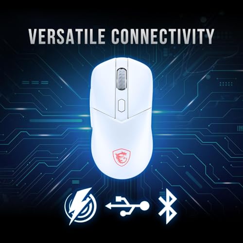 msi Versa 300 Wireless White Gaming Mouse, 8000 DPI, 30M+ Clicks Kailh Switch, Optical Sensor, Ergonomic Ambitextrous Hand Design, RGB Light