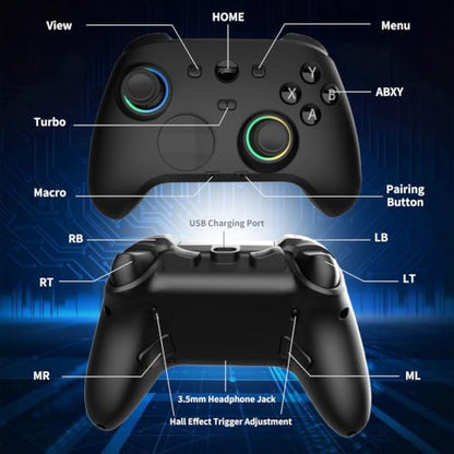 RALAN HD-151D Wireless PC Controller with Hall Effect Joysticks & Triggers, 1300mAh Battery & Custom RGB Lighting, 1000Hz Polling Rate, 2.4G/Bluetooth/USB-C, 3.5mm Audio Jack, 4 Onboard Profiles, Remappable Back Buttons Compatible with PC/Switch/Steam/And