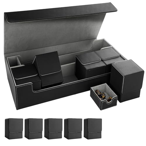 Tournament-Ready Card Case with 5 Commander Deck Boxes & Dice Tray, Magnetic Storage Case Holds 1000+ Cards, Portable All-in-One System for MTG, Yu-Gi-Oh!, TCG, Multicolor (Black) - color: Black - Includes 5 Deck Boxes