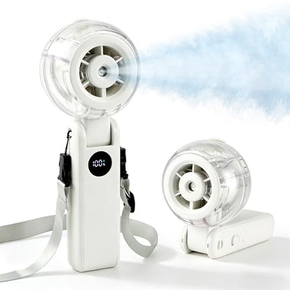 Personal Misting Fan, Rechargeable Handheld Spray Fan | 100-Speed Adjustable Cooling Fan with Water Mist Spray, Foldable Design, Lanyard Included for Outdoor Camping & Travel - color: White