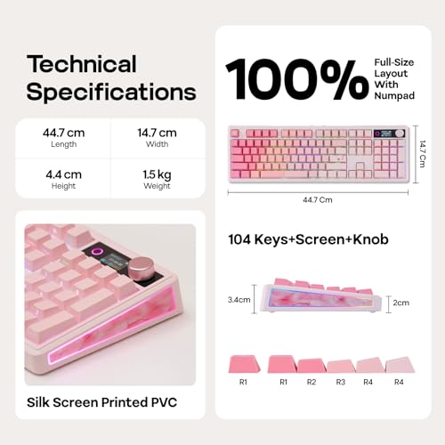 EPOMAKER TH108 V2 PRO Full Size Mechanical Keyboard with Screen&Knob, 10000mAh, BT/2.4Ghz, Mac Modifier PBT Keycap, Hot Swap, RGB, Gasket, Wireless Gaming Keyboard for Mac/PC (Pink, Creamy Jade) - color: Pink, size: Creamy Jade
