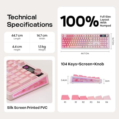 EPOMAKER TH108 V2 PRO Full Size Mechanical Keyboard with Screen&Knob, 10000mAh, BT/2.4Ghz, Mac Modifier PBT Keycap, Hot Swap, RGB, Gasket, Wireless Gaming Keyboard for Mac/PC (Pink, Creamy Jade) - color: Pink, size: Creamy Jade