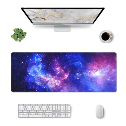 Large Gaming Mouse Pad Desk Mat, Purple Blue Galaxy Nebula Extended Keyboard Mouse Pad Mousepad with Non-Slip Base and Stitched Edge Mouse Mat Desk Pad Mouse Pads for Desk Home Office, 31.5 x 11.8 - color: Purple Blue Galaxy