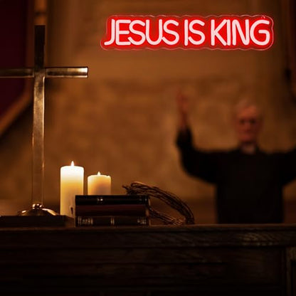 Mutank Jesus is King Neon Sign, Christian Neon Light USB Powered Dimmable LED, for Easter Church Religious Bible Verse Church God Christian Faith Based Sign Inspirational Christian Gifts(15.7*3.1 In) - color: Red+White