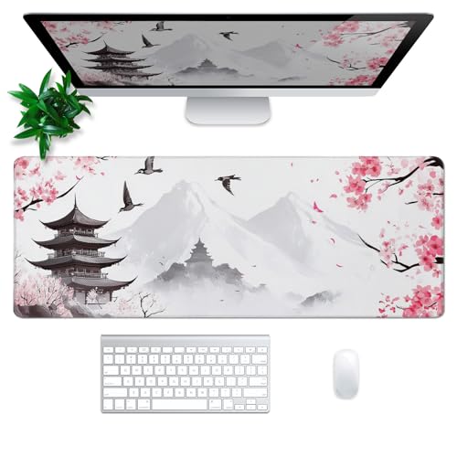 Retro Pagoda Cherry Blossom Watercolor Mouse Pad Abstract Big Mouse Pad 31.5x11.8 Inch Texture Non-Slip Rubber Base Large Mousepad Stitched Edges Keyboard Mouse Mat Desk Pad for Office and Home - color: Retro Pagoda Cherry Blossom