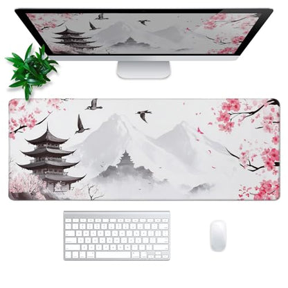 Retro Pagoda Cherry Blossom Watercolor Mouse Pad Abstract Big Mouse Pad 31.5x11.8 Inch Texture Non-Slip Rubber Base Large Mousepad Stitched Edges Keyboard Mouse Mat Desk Pad for Office and Home - color: Retro Pagoda Cherry Blossom