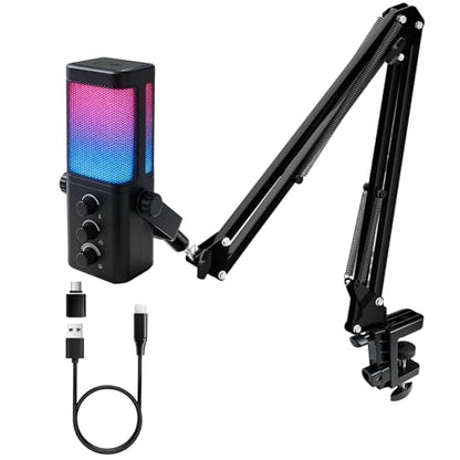 VCOM USB Microphone for PC,Condenser Dynamic Boom Arm Mic for Podcasting,Streaming, with Monitoring Headphone 3.5mm Jack,Quick Mute,RGB Indicator,Shock Mount,Rotate gain Button,Black