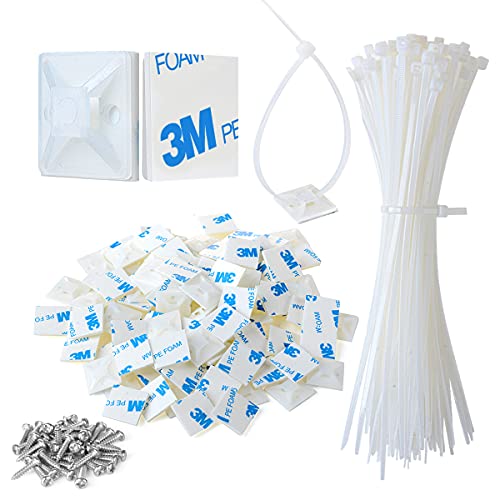 200pcs 3/4" Back-Glue Self Adhesive White Strong Cable Zip Tie Mounts with 8" Ties, Screws, Outdoor Sticky Wire Fasteners Cable Clips Management Anchors Organizer Holders Squares - color: White, size: 200 Piece