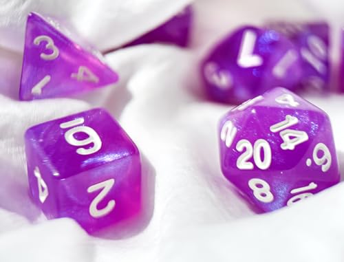 퍼플 DND 주사위 7개 세트 (스팽글 퍼플) | TTRPG, 던전 앤 드래곤, 롤 플레잉 게임 및 기타 테이블 게임을 위한 아크릴 다면체 주사위 세트 - D20 시스템 주사위 - color: 스팽글 퍼플