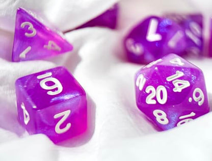 퍼플 DND 주사위 7개 세트 (스팽글 퍼플) | TTRPG, 던전 앤 드래곤, 롤 플레잉 게임 및 기타 테이블 게임을 위한 아크릴 다면체 주사위 세트 - D20 시스템 주사위 - color: 스팽글 퍼플