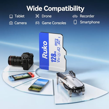 Ruko 128G Micro SD Card with Reader & Adapter, UHS-I, C10, A2, U3/V30, | Memory Card Speed Up to 100MB/s, 4K UHD, Long-Lasting TF Card for Camera, Smartphone, Drone, Gaming Console