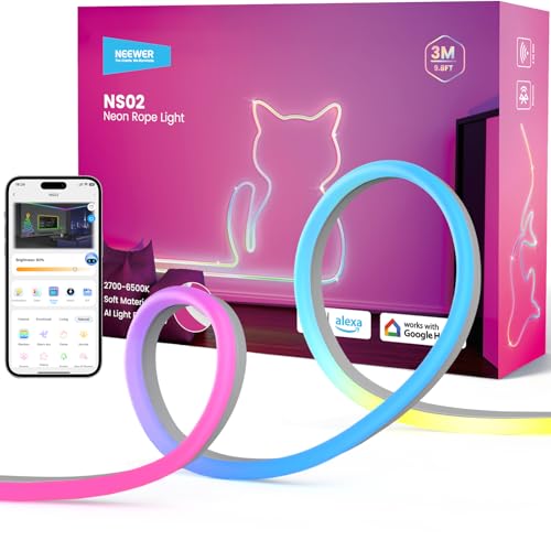 NEEWER 9.84ft/3m LED Strip Lights, Smart AI RGB IC Flexible Cuttable Neon Rope Light, App Control, Bedroom Gaming Room Indoor Studio Home Wall Decor, Compatible with Google Assistant Alexa, NS02 - size: 9.84ft/3m