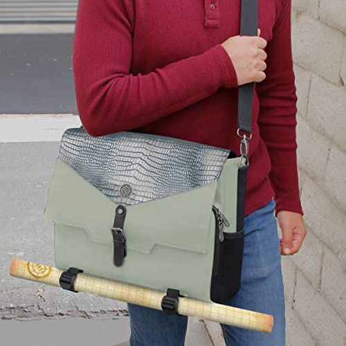 ENHANCE Collector's Edition RPG Player's Essentials DnD Bag - Dragon Hide Exterior Messenger Bag Fits 2-4 Books, Binders, Dice & Accessories, with 17 inch Laptop Slot, Battlemap Straps (Dragon Silver) - color: Dragon Silver