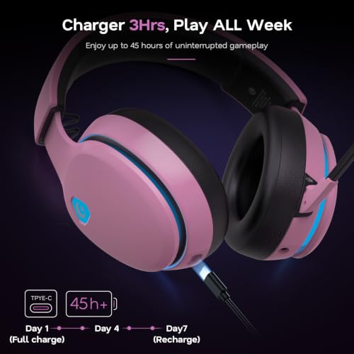AOC 2.4GHz Wireless Gaming Headset for PS5, PS4 Fortnite & Call of Duty/FPS Gamers, PC, Switch, Bluetooth 6.0 Gaming Headphones with Noise Canceling Mic, 7.1 Virtual Surround, 45Hr - Blush Pink - color: Blush Pink