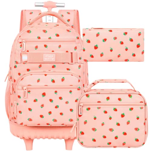 3Pcs Rolling Backpack for Girls Women, Travel Roller Backpacks with Wheels for Adults, Teens College Strawberry Wheeled Bookbag with Lunch Box (Pink) - color: Strawberry Pink