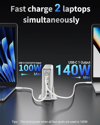TOPADRE 240W USB C Charger with Display,6 Ports Charging Station | Laptop GaN Desktop Charger,140W Fast Charging Block for MacBook, iPad, iPhone 17/16, Galaxy S25/S24, Dell XPS and More - color: White