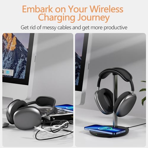 Headphone Stand with Wireless Charger, Gaming Headset Holder Hanger Rack 2 IN 1 Wireless Charging Station Dock for iPhone 15/14/13/12/11 Series, Samsung, AirPods Pro/3/2 and Desk All Headphones, Black - color: A-Black