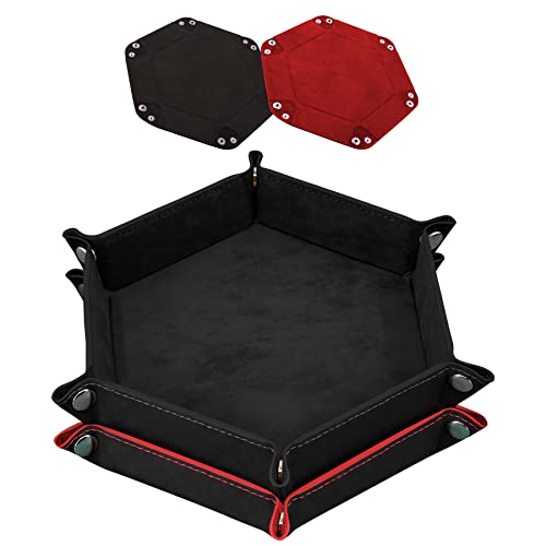 SIQUK 2 Pieces Dice Tray PU Leather Dice Trays Folding Hexagon Dice Holder Tray for Dice Games Like RPG, DND and Other Table Games (Black and Red) - color: Black and Red
