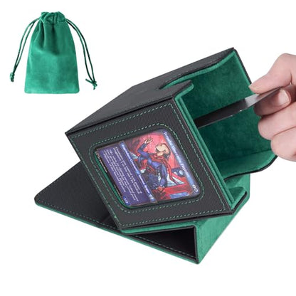 AFIING MTG Deck Box for Commander Display,Card Deck case Fits 100 Double Sleeved Cards,Magic Commander TCG Card Storage Box with 2 Dividers,Dice Bag and Toploader Black Green - color: Commander Black Green