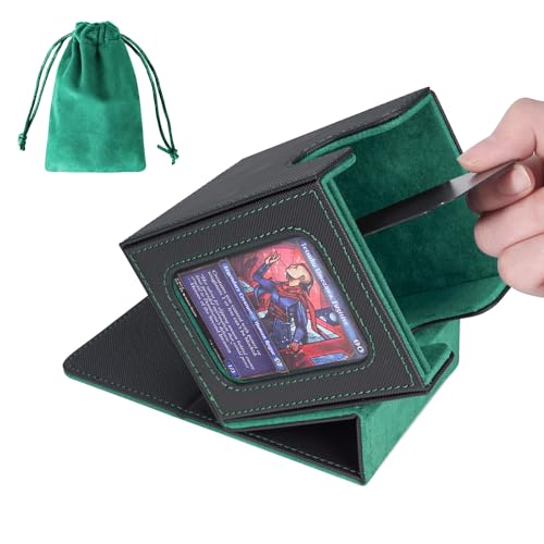 AFIING MTG Deck Box for Commander Display,Card Deck case Fits 100 Double Sleeved Cards,Magic Commander TCG Card Storage Box with 2 Dividers,Dice Bag and Toploader Black Green - color: Commander Black Green