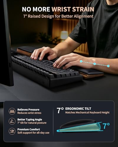 ASFSKY Keyboard and Mouse Wrist Rest Set for 60%-75% Compact Keyboards – Ergonomic Wooden Support Pad with PU Leather & Memory Foam, Anti-Slip Rubber Base for Gaming, Office & Typing Pain Relief - style: No RGB