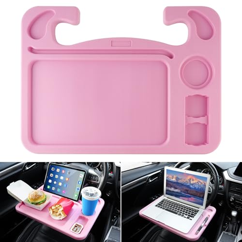 JUSTTOP 4 in 1 Car Steering Wheel Desk for Laptop,Versatile Upgraded Car Seat Tray,Spacious Steering Wheel Table with Tablet Holder and Dual Sauce Racks,Steering Wheel Under Table Console (Large+Pink) - color: Pink-upgraded
