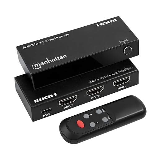 Manhattan HDMI 2.1 8K@60Hz 2 Port HDMI Switch -HDMI Switcher 2 in 1 Out with IR Remote, 8K 48Gbps, 4K@120Hz, Auto Selector Hub Support-3 Yr Mfrg Warranty-207942
