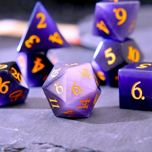 Dark Purple Cat's Eye Crystal DND Dice Set 7 PCS Gemstone Suitable for Dungeons and Dragons D & D RPG Games - color: Dark Purple Cat Eye