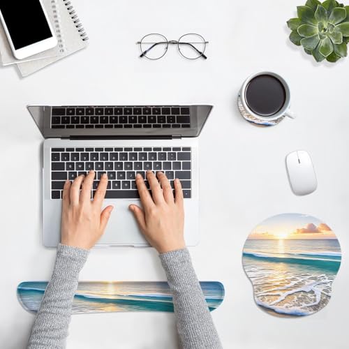 Ergonomic Mouse Pad Set with Wrist Rest, Beach Summer Sun | Non-Slip Rubber Base Wrist Cushion Support and Coasters Mousepad with Wrist Support for Computer Keyboard - color: Beach Summer Sun