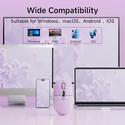 Wireless Bluetooth Mouse with Visible Battery & DPI Screen, Multi-Device BT & 2.4G Computer Mouse, 500 mAh Rechargeable, 1600DPI, Silent Portable Optical Mice for Laptop, PC, Mac, iPad - Purple - color: Purple