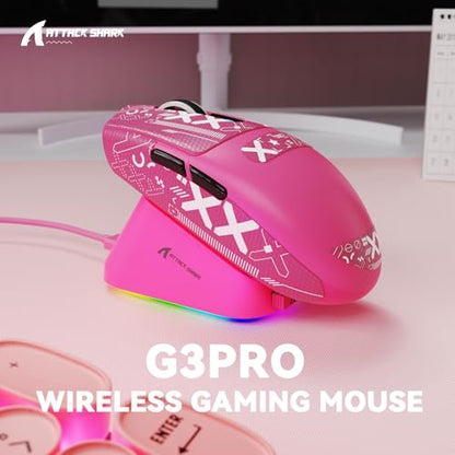 MAMBASNAKE ATTACK SHARK G3PRO Wireless Gaming Mouse with RGB Magnetic Charging Dock,Tri-Mode-2.4G/USB-C Wired/BT, 25K DPI,PAW3311 Optical Sensor,59g Ultra Lightweight,Slip Grip Tape for PC/Mac(Red) - color: Red & Griptape