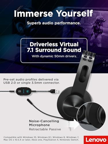 Lenovo Legion H500 PRO 7.1 Surround Sound Gaming Headset, Noise-Cancelling Mic, Memory Foam & PU Leather Earcups, Stainless Steel Headband, PC, PS4, Xbox One, Nintendo Switch, GXD0T69864, Black - style: H500