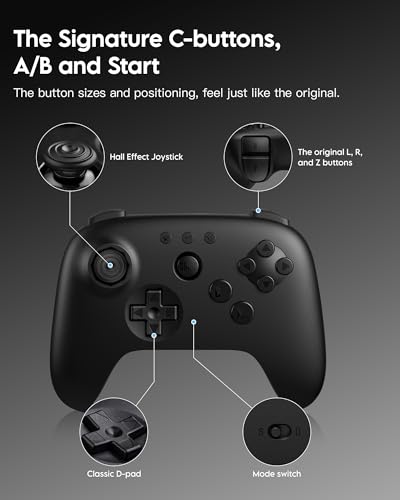8Bitdo 64 Bluetooth Controller for Analogue 3D, Switch, Switch 2, Windows, Android – Hall Effect Joystick, Vibration, Turbo Function – Black - color: Black