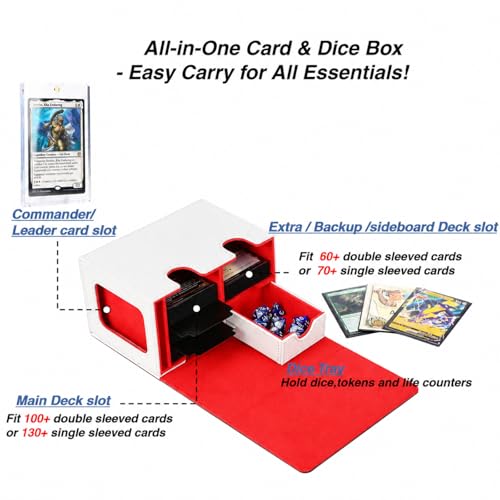 Venssu MTG Deck Box for Commander Display with Dice Tray (White＆Red) | Holds 200 Single/160 Double-Sleeved Cards, Fit MTG/PTCG/OPTCG Cards, Strong Magnet, With 2 Dividers & 1 Magnetic Card Holder - color: White＆Red